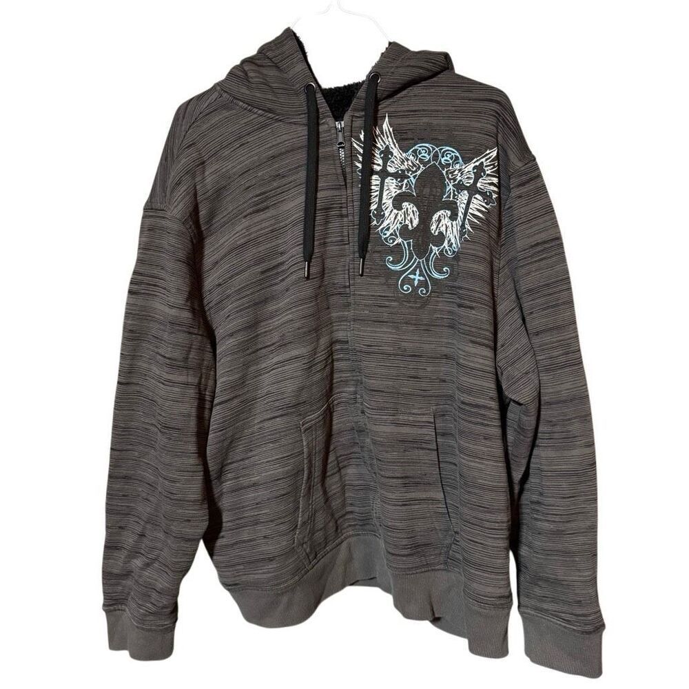 Y2K Faded Glory Hybrid Fleece-Lined Gray Cross Zip-Up Hoodie Men’s XXL